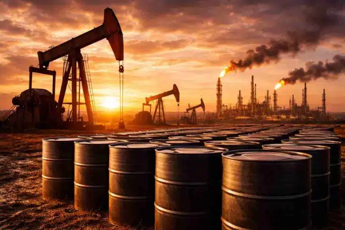 Barriles de petróleo en primer plano con bombas extractoras y refinería al atardecer, reflejando el impacto de la energía en los mercados globales
