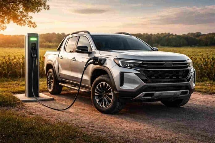 Pick up eléctrica cargando en zona rural con campo agrícola de fondo, representando nuevas tecnologías en movilidad para el agro argentino