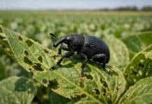 Alerta en soja: detectan picudo negro en Santa Fe y confirman su avance a nuevas zonas productivas Primer plano de un picudo negro sobre una planta de soja en un lote agrícola argentino, con hojas dañadas visibles por la plaga, en un entorno rural de la Pampa húmeda, bajo luz natural y enfoque detallado