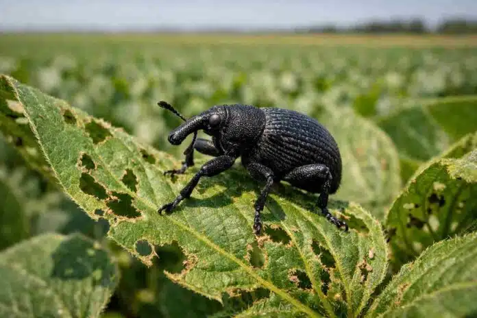 picudo-negro-soja-dano-lote-argentina-ruralnet Primer plano de un picudo negro sobre una planta de soja en un lote agrícola argentino, con hojas dañadas visibles por la plaga, en un entorno rural de la Pampa húmeda, bajo luz natural y enfoque detallado