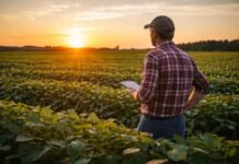 Seguro multirriesgo avanza en el agro y ya cubre sequía e inundaciones tras una prueba piloto exitosa Productor agropecuario observa un cultivo de soja al atardecer mientras analiza datos en el campo, en un contexto de gestión productiva y riesgo climático