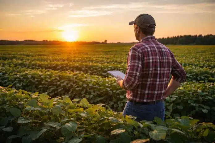 Productor agropecuario observa un cultivo de soja al atardecer mientras analiza datos en el campo, en un contexto de gestión productiva y riesgo climático