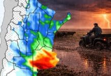 Pronóstico de lluvias hasta el 6 de abril Pronóstico de lluvias en Argentina hasta el 6 de abril con mapa de precipitaciones y tormentas intensas en zonas productivas bajo cielo con relámpagos