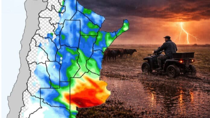 Pronóstico de lluvias en Argentina hasta el 6 de abril con mapa de precipitaciones y tormentas intensas en zonas productivas bajo cielo con relámpagos