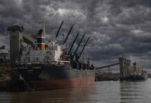 Récord histórico del agro: exportaciones en máximos, puertos saturados y un 2026 que puede marcar un antes y un después Buques de carga operando en el puerto del Gran Rosario sobre el río Paraná bajo un cielo de tormenta con nubarrones densos y oscuros, en un escenario de clima inestable