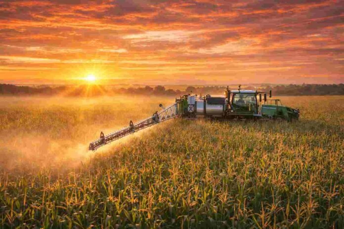 pulverizadora-fendt-rogator-maiz-amanecer-pampa-humeda-ruralnet Pulverizadora Fendt Rogator trabajando en un lote de maíz al amanecer en la Pampa húmeda argentina, con sol en el horizonte y cielo naranja iluminando el cultivo.