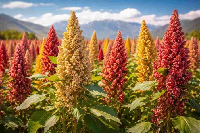 Cultivo de quinua en pleno desarrollo en un campo, destacando su resistencia a condiciones extremas y su valor para la innovación agrícola.