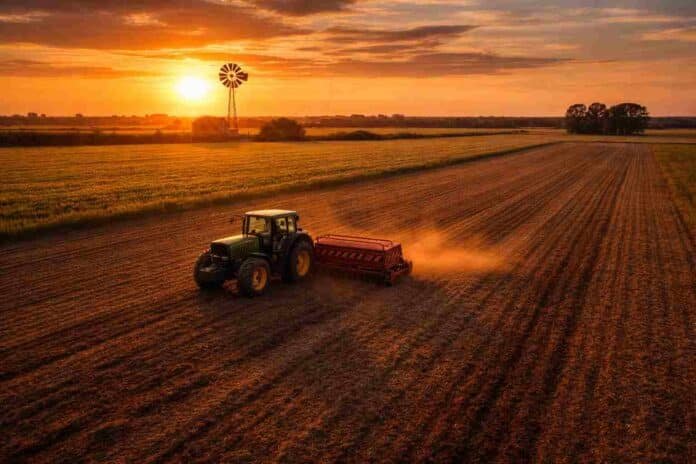 siembra-trigo-inversion-campo-argentina-molino-ruralnet Tractor sembrando trigo en un campo argentino al atardecer con molino sobre el horizonte, en un contexto de dólar atrasado y expectativas de suba en el valor de la tierra