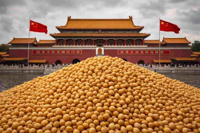 soja-china-ciudad-prohibida-comercio-internacional-ruralnet Montículo de soja en primer plano frente a la Ciudad Prohibida en China, simbolizando el comercio internacional de granos.