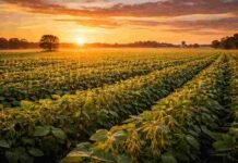 Lluvias impulsan la soja: mejora la condición de los cultivos y se sostienen las 48,5 millones de toneladas Cultivo de soja en estado R6 en la Pampa Húmeda argentina bajo un amanecer con cielo naranja, mostrando desarrollo avanzado y condiciones productivas del lote