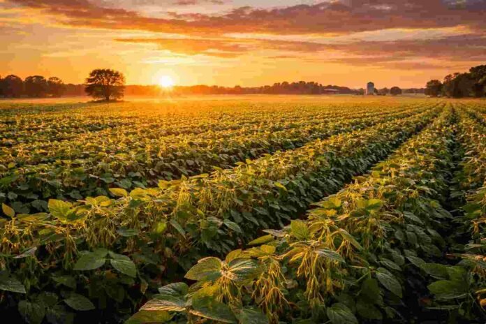 soja-r6-pampa-humeda-amanecer-campo-argentino-ruralnet Cultivo de soja en estado R6 en la Pampa Húmeda argentina bajo un amanecer con cielo naranja, mostrando desarrollo avanzado y condiciones productivas del lote