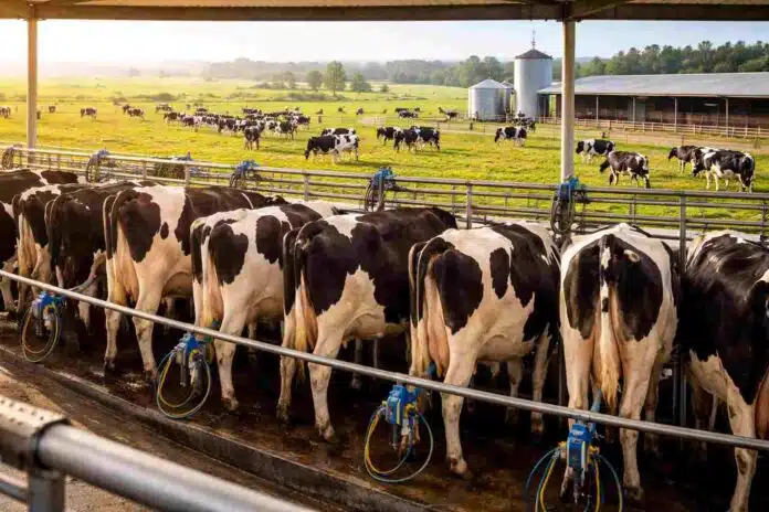 Vacas lecheras en sala de ordeñe mecanizada en un tambo argentino, con sistema automatizado y condiciones sanitarias orientadas a la exportación de leche hacia Europa