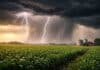 Tormentas con lluvias de hasta 90 mm activan alerta en 13 provincias Tormenta eléctrica con lluvias intensas y relámpagos sobre un campo agrícola con cultivo de maíz en la Pampa argentina