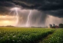 Tormentas con lluvias de hasta 90 mm activan alerta en 13 provincias Tormenta eléctrica con lluvias intensas y relámpagos sobre un campo agrícola con cultivo de maíz en la Pampa argentina
