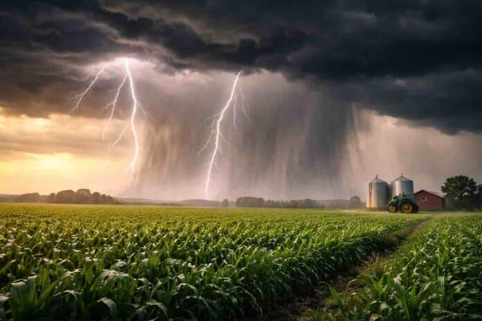 Tormenta eléctrica con lluvias intensas y relámpagos sobre un campo agrícola con cultivo de maíz en la Pampa argentina