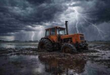 Se activa un frente: hasta 65 mm y ráfagas de 100 km/h en 13 provincias Tormenta intensa con lluvias y relámpagos sobre campo anegado en la Pampa húmeda con tractor Zanello encajado en el barro