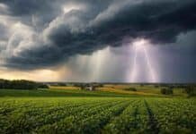 Agroclima del 17 al 19 de marzo: tormentas fuertes en gran parte del país Tormenta fuerte con relámpagos sobre cultivos en el campo argentino bajo cielo oscuro