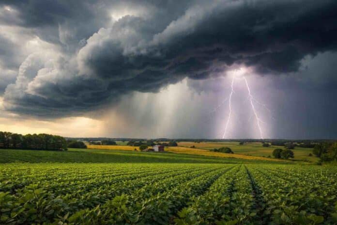 Tormenta fuerte con relámpagos sobre cultivos en el campo argentino bajo cielo oscuro