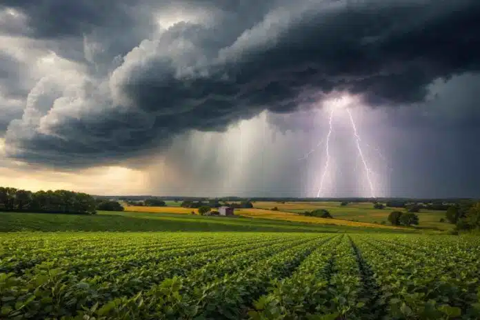 tormenta-agroclima-campo-argentino Tormenta fuerte con relámpagos sobre cultivos en el campo argentino bajo cielo oscuro