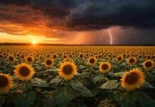 ⚠️ Lluvias de hasta 80 mm y granizo: se complica el tiempo en el NEA y avanza el mal clima al sur Tormenta con relámpagos al atardecer sobre un campo de girasoles en Argentina, con cielo oscuro y lluvias en avance sobre la zona agrícola