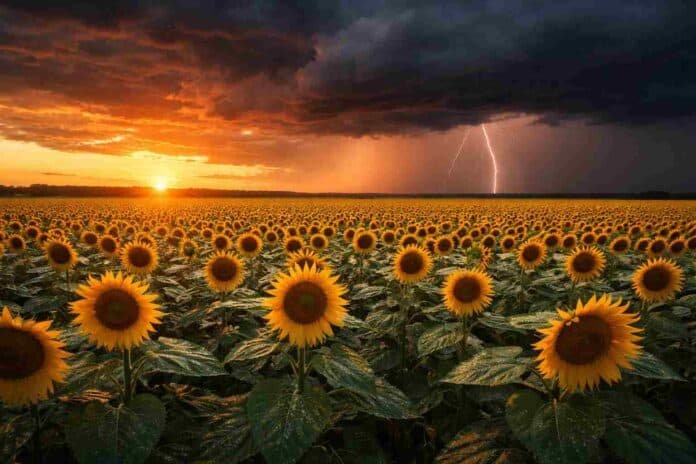 Tormenta con relámpagos al atardecer sobre un campo de girasoles en Argentina, con cielo oscuro y lluvias en avance sobre la zona agrícola