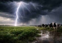 Lluvias de hasta 60 mm y tormentas fuertes impactan en Buenos Aires, La Pampa y otras tres provincias Tormenta intensa con relámpago impactando sobre un campo de la Pampa húmeda con vacas lecheras y lluvias fuertes en zona productiva argentina