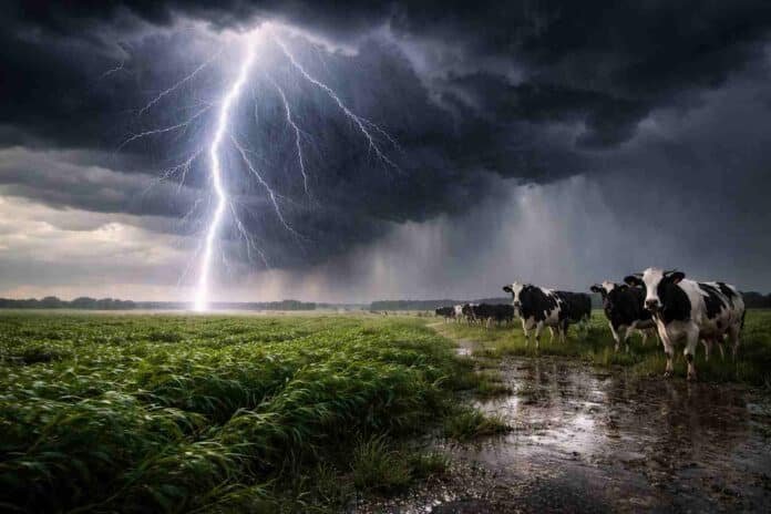 Tormenta intensa con relámpago impactando sobre un campo de la Pampa húmeda con vacas lecheras y lluvias fuertes en zona productiva argentina