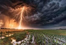 ⚠️ Se activa un nuevo frente: lluvias de hasta 70 mm y tormentas fuertes en Chaco, Corrientes, Formosa, Misiones y Salta Tormenta severa con relámpago impactando sobre un campo agrícola en la Pampa húmeda, con lluvias intensas y cielo oscuro al atardecer.