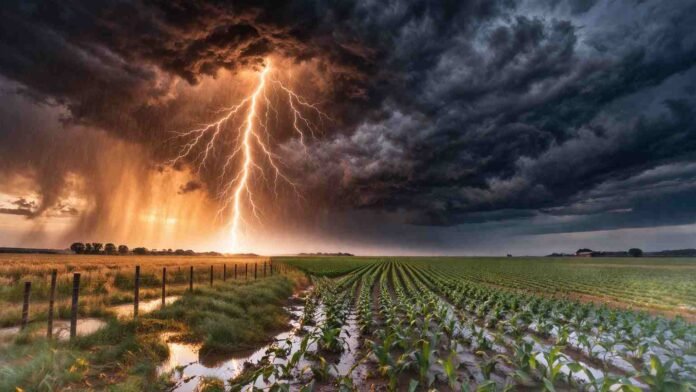 tormenta-campo-relampago-pampa-humeda-lluvias-intensas-ruralnet Tormenta severa con relámpago impactando sobre un campo agrícola en la Pampa húmeda, con lluvias intensas y cielo oscuro al atardecer.
