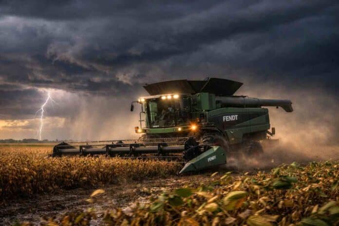 Tormenta con relámpagos sobre campo de soja mientras una cosechadora Fendt sigue trabajando en la Pampa húmeda argentina