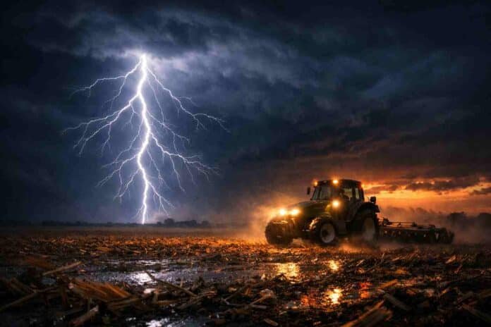 Tormenta eléctrica con relámpago iluminando un tractor trabajando en condiciones adversas en el campo argentino