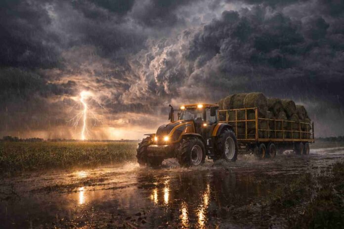 Tractor agrícola transportando rollos de alfalfa bajo una tormenta extrema en la Pampa húmeda argentina, con lluvia intensa, relámpagos y campo anegado.