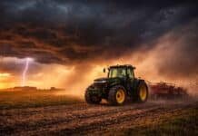 Se activa un frente clave: lluvias de hasta 70 mm y tormentas fuertes impactan en 8 provincias en plena cosecha Tormenta fuerte con relámpagos y ráfagas de viento sobre un campo agrícola al atardecer, con un tractor trabajando bajo cielo oscuro y condiciones climáticas adversas.