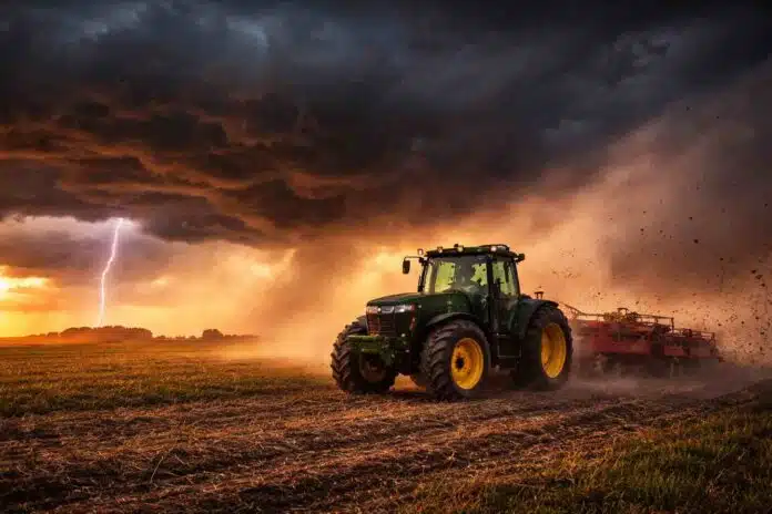 Tormenta fuerte con relámpagos y ráfagas de viento sobre un campo agrícola al atardecer, con un tractor trabajando bajo cielo oscuro y condiciones climáticas adversas.
