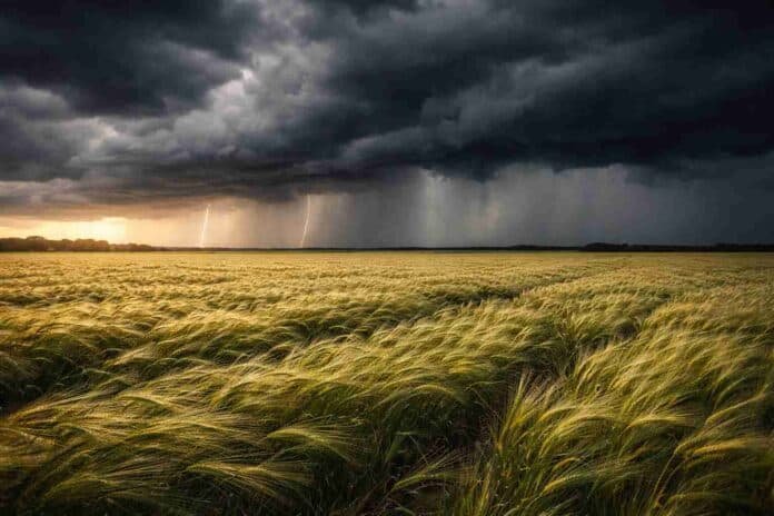 tormenta-fuerte-cebada-campo-pampa-humeda-relampagos-lluvia-ruralnet Tormenta fuerte con relámpagos y lluvias intensas avanzando sobre un campo de cebada en la región pampeana argentina, con nubes oscuras y cortinas de precipitación en el horizonte.