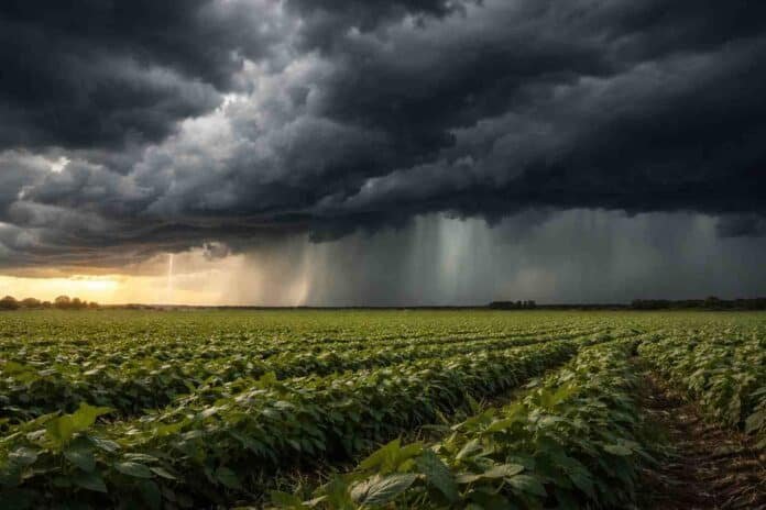 Tormenta fuerte con relámpagos y lluvias intensas avanzando sobre un campo de soja en la Pampa húmeda argentina, con nubes oscuras y cortinas de precipitación en el horizonte.