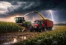 ⚠️ Avanza un frente con lluvias de hasta 80 mm, tormentas fuertes y ráfagas en el Litoral Tormenta fuerte con lluvias intensas y relámpagos mientras una picadora Claas y un tractor Massey Ferguson trabajan en maíz para silo en un campo del Litoral argentino