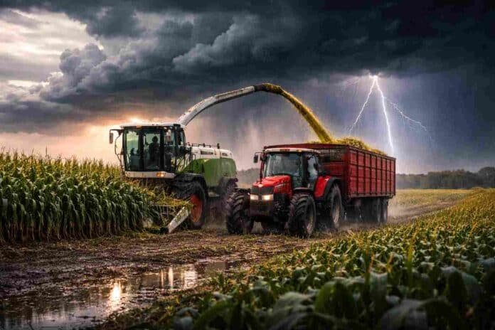 tormenta-maiz-silo-picadora-claas-massey-ferguson-ruralnet Tormenta fuerte con lluvias intensas y relámpagos mientras una picadora Claas y un tractor Massey Ferguson trabajan en maíz para silo en un campo del Litoral argentino