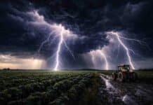 Pronóstico para los próximos 3 días en el campo: tormentas en el norte y clima cambiante en la zona núcleo Impactante tormenta con relámpagos intensos sobre la Pampa húmeda, lluvia fuerte y un tractor trabajando en el barro en plena inestabilidad climática