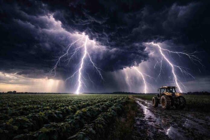 Impactante tormenta con relámpagos intensos sobre la Pampa húmeda, lluvia fuerte y un tractor trabajando en el barro en plena inestabilidad climática