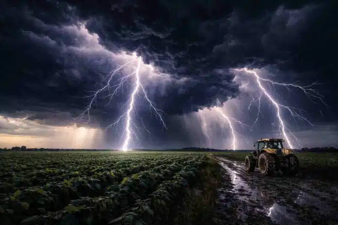 Impactante tormenta con relámpagos intensos sobre la Pampa húmeda, lluvia fuerte y un tractor trabajando en el barro en plena inestabilidad climática