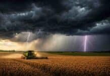 Tormentas de hasta 70 mm y ráfagas de 80 km/h: alerta en Buenos Aires, Córdoba, Santa Fe, Entre Ríos y 10 provincias más Tormenta severa con relámpagos y lluvias intensas sobre un campo agrícola de la Pampa húmeda con cosechadora trabajando bajo cielo oscuro
