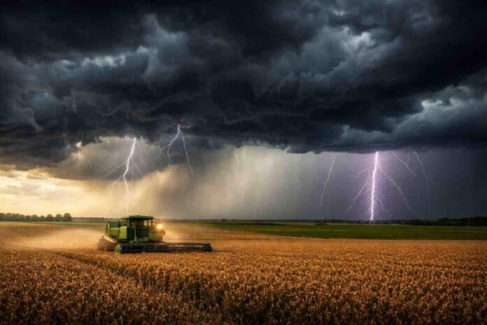 tormenta-severa-campo-pampa-humeda-relampagos-lluvia-ruralnet Tormenta severa con relámpagos y lluvias intensas sobre un campo agrícola de la Pampa húmeda con cosechadora trabajando bajo cielo oscuro
