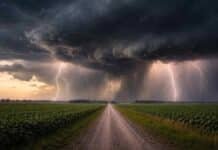 Se intensifica el frente: lluvias de hasta 70 mm y tormentas fuertes golpean zonas clave del país Tormenta severa con múltiples relámpagos y lluvias intensas avanzando sobre un campo de soja, con camino rural en primer plano y cielo oscuro amenazante.