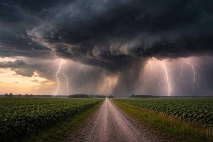 Tormenta severa con múltiples relámpagos y lluvias intensas avanzando sobre un campo de soja, con camino rural en primer plano y cielo oscuro amenazante.
