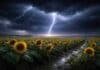 Lluvias de hasta 50 mm y ráfagas de 80 km/h bajo alerta en más de 10 provincias Tormenta severa con relámpagos sobre un cultivo de girasol en la Pampa Húmeda argentina, con lluvia intensa y cielo oscuro.