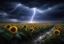 Lluvias de hasta 50 mm y ráfagas de 80 km/h bajo alerta en más de 10 provincias Tormenta severa con relámpagos sobre un cultivo de girasol en la Pampa Húmeda argentina, con lluvia intensa y cielo oscuro.