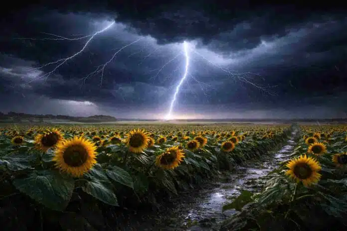 Tormenta severa con relámpagos sobre un cultivo de girasol en la Pampa Húmeda argentina, con lluvia intensa y cielo oscuro.