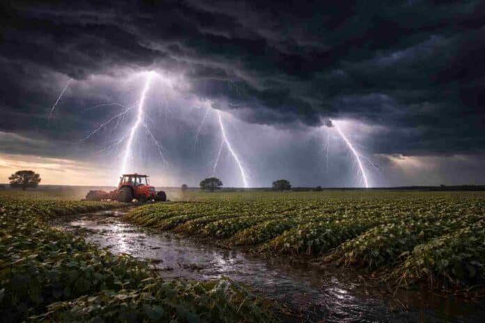 tormenta-severa-relampago-cerca-tractor-zona-nucleo-ruralnet Tormenta severa con relámpagos intensos cerca de un tractor en un campo de soja de la zona núcleo, con lluvias fuertes y riesgo para la producción