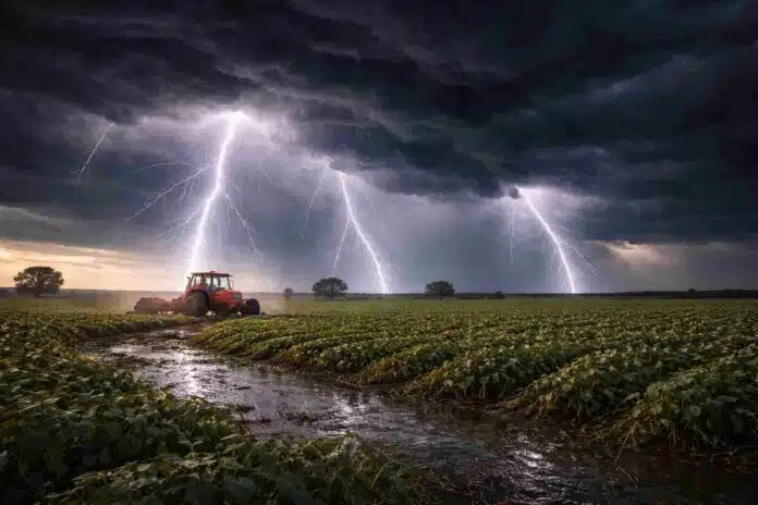 tormenta-severa-relampago-cerca-tractor-zona-nucleo-ruralnet Tormenta severa con relámpagos intensos cerca de un tractor en un campo de soja de la zona núcleo, con lluvias fuertes y riesgo para la producción